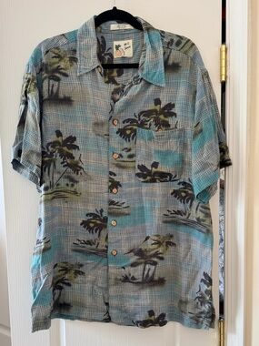 M.E. Sport Men's Casual Short Sleeve Button-Down‎ Shirt - Blue Palm Print